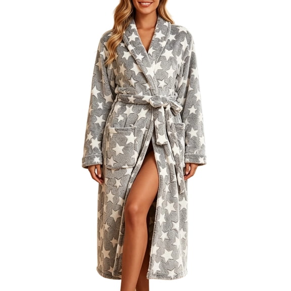 Levmjia Women's Winter Thick Plush Robe Long Star Print Bathrobe Full Length Kimono Nightgown with Pockets Soft Fluffy Loungewear Sleepwear Cozy Homewear