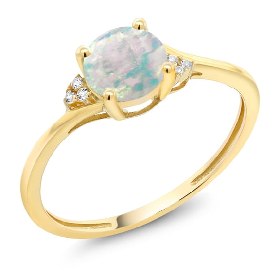 Gem Stone King 10K Yellow Gold Diamond Accent Engagement Ring 0.35 Ct White Simulated Opal