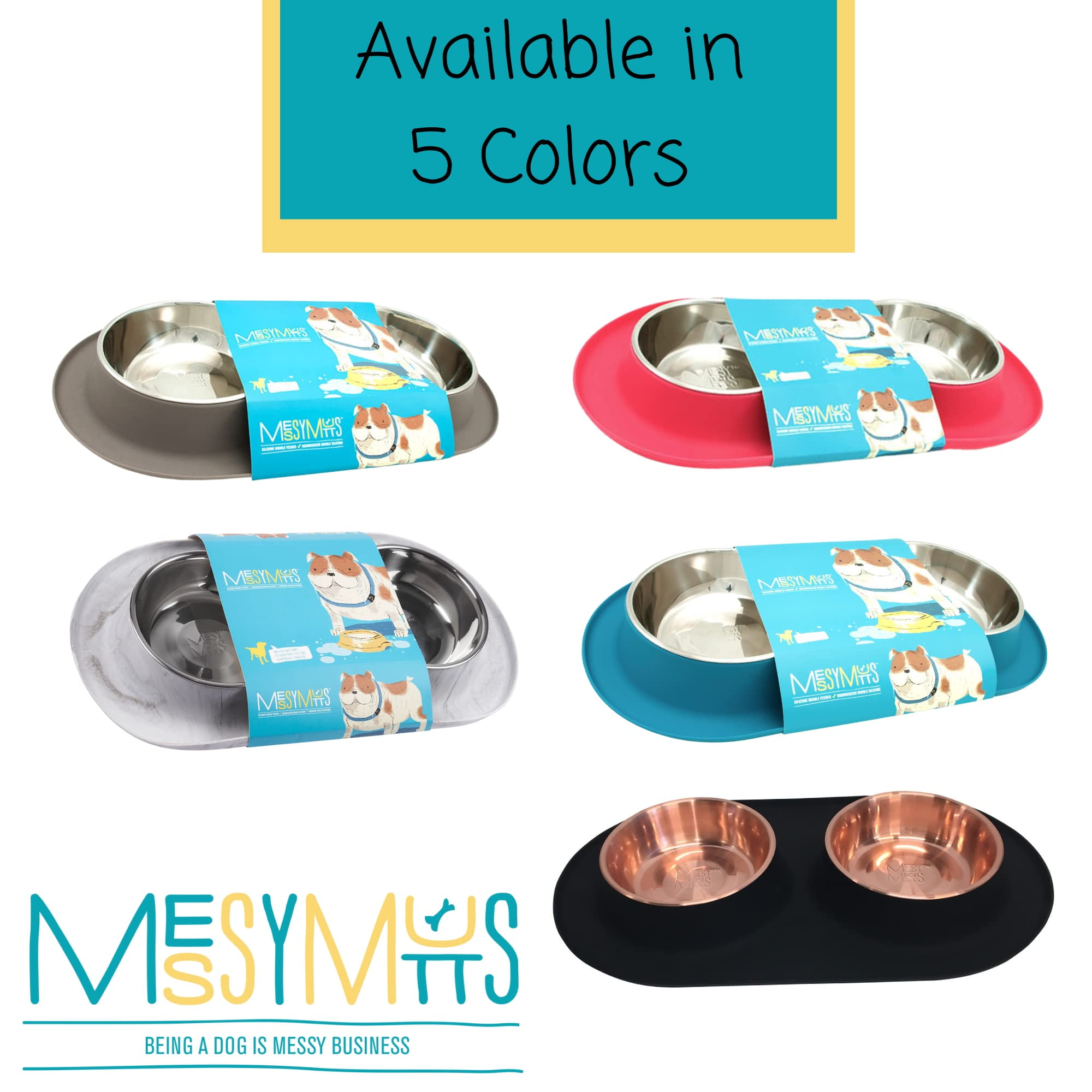 Messy Mutts Double Silicone Feeder with Stainless Bowls | Non-Skid Food Dishes for Dogs | Sizes Available for All Pets | Dog Food Bowls | Large, 3 Cups Per Bowl | Grey