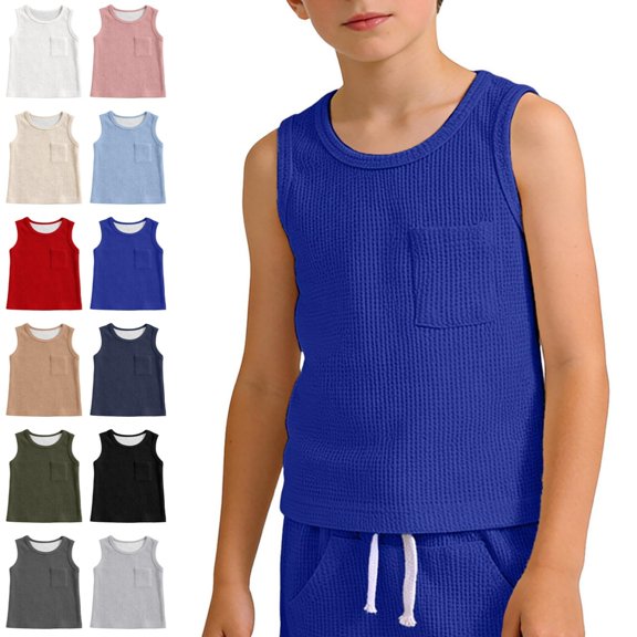 Bmisegm Boys T Shirts Sleeveless Crew Neck Tank with Pockets Casual Athletic Soft Workout Tops Blue,2-3 Years
