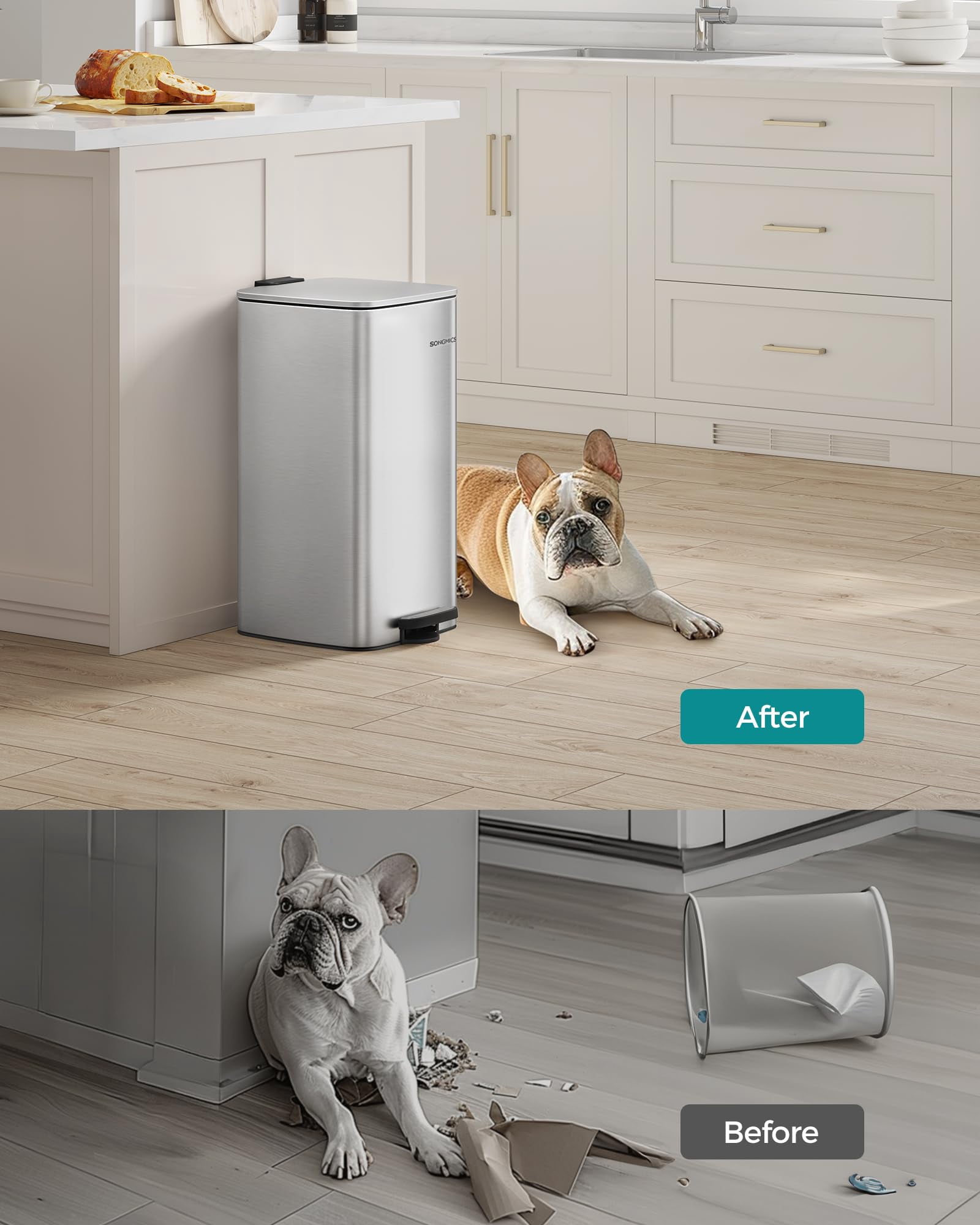 8-Gallon (30 L) Kitchen Trash Can, Trash Bin, Stainless Steel Garbage Can, with Inner Bucket, Soft Close and Stays Open, Metallic Silver