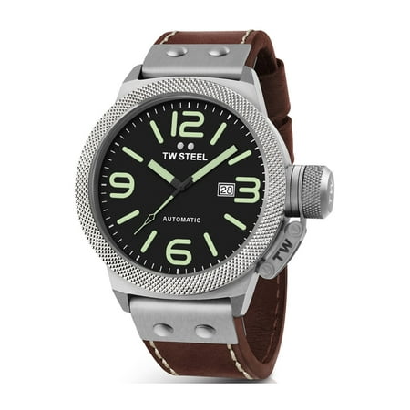 TW Steel Mens XXL Stainless Steel Case Canteen Brown Leather Black Dial Silver Watch - CS26