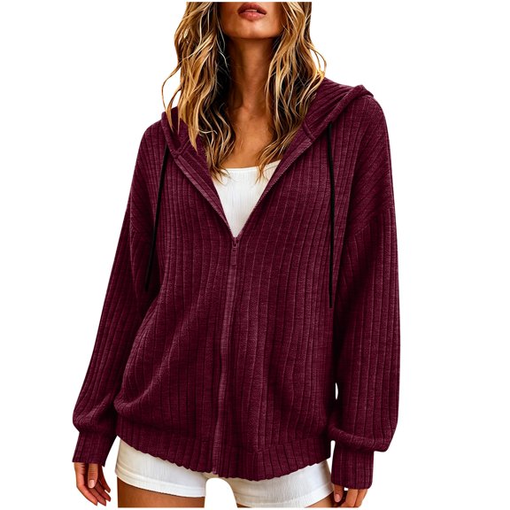 DeHolifer Womens Hoodies Zip Up Jackets Lightweight Tunic Sweatshirt Open Front Cardigan Wine S