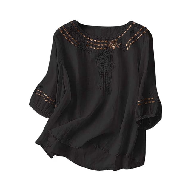 mfyjkho Tops Y Blusas Para Mujer, Top Informal De Lino De Manga Corta Con Cuello Redondo Y Color Liso Para Mujer Tops De Tallas Grandes M