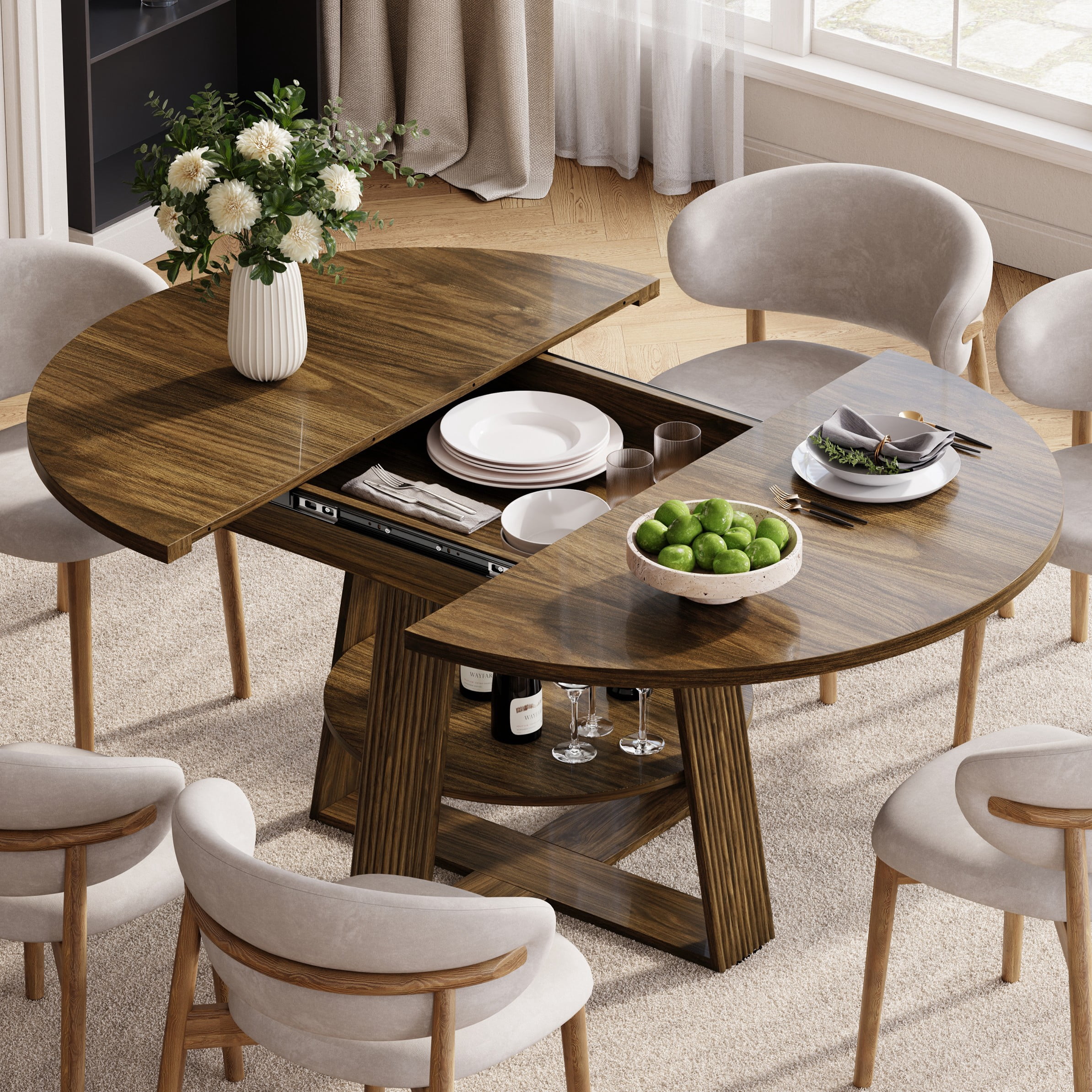 CHIC HOUSE 59" Extendable Round Dining Table for 4 to 6 with Storage Shelf, Farmhouse Fluted Kitchen Table with Sliding Doors for Dining Room, Small Spaces, Walnut