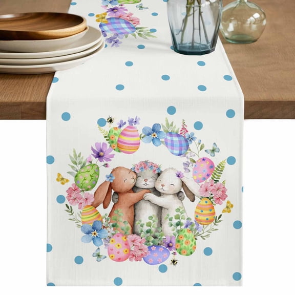 Table Runner 60 Inches Long for Kitchen Dining, Easter Cute Rabbits Dresser Scarf Farmhouse, Dining Table Decorations for Wedding/Parties, Colorful Eggs Country Flowers Blue Pot 13 x 60 In