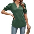 thumbnail image 2 of Women Casual V Neck Loose Puff Short-Sleeve T-Shirts Blackish Green XXL, 2 of 5