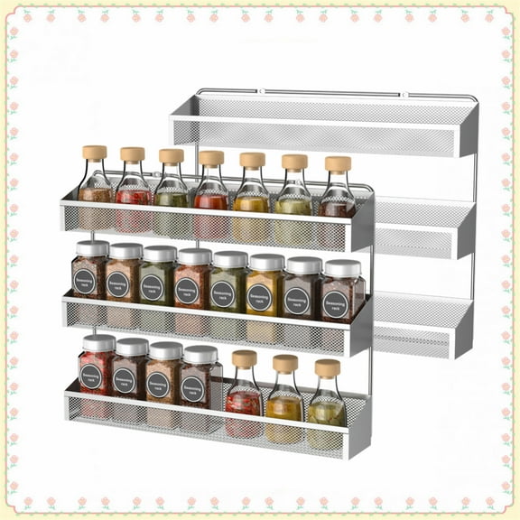 Fuleadture Set of 2 3 Tiers Wall Mount Spice Rack in Home-Silver