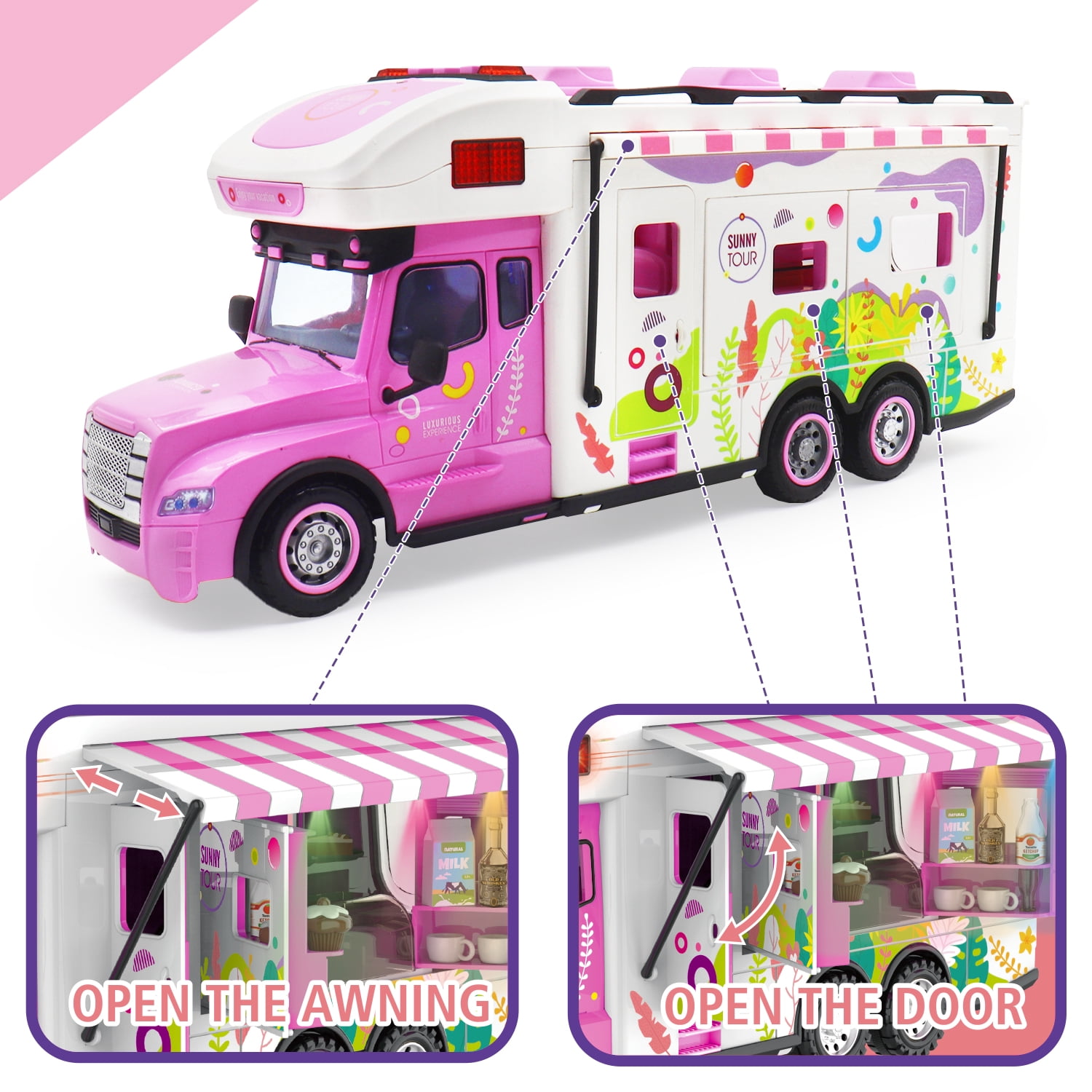 Remote Control Car, RC Camper Car Toy with Light & Sound Camping Equipment Set, Pretend Play RV Set Dollhouse Vehicle Birthday Gifts for 3-8 Year Girls