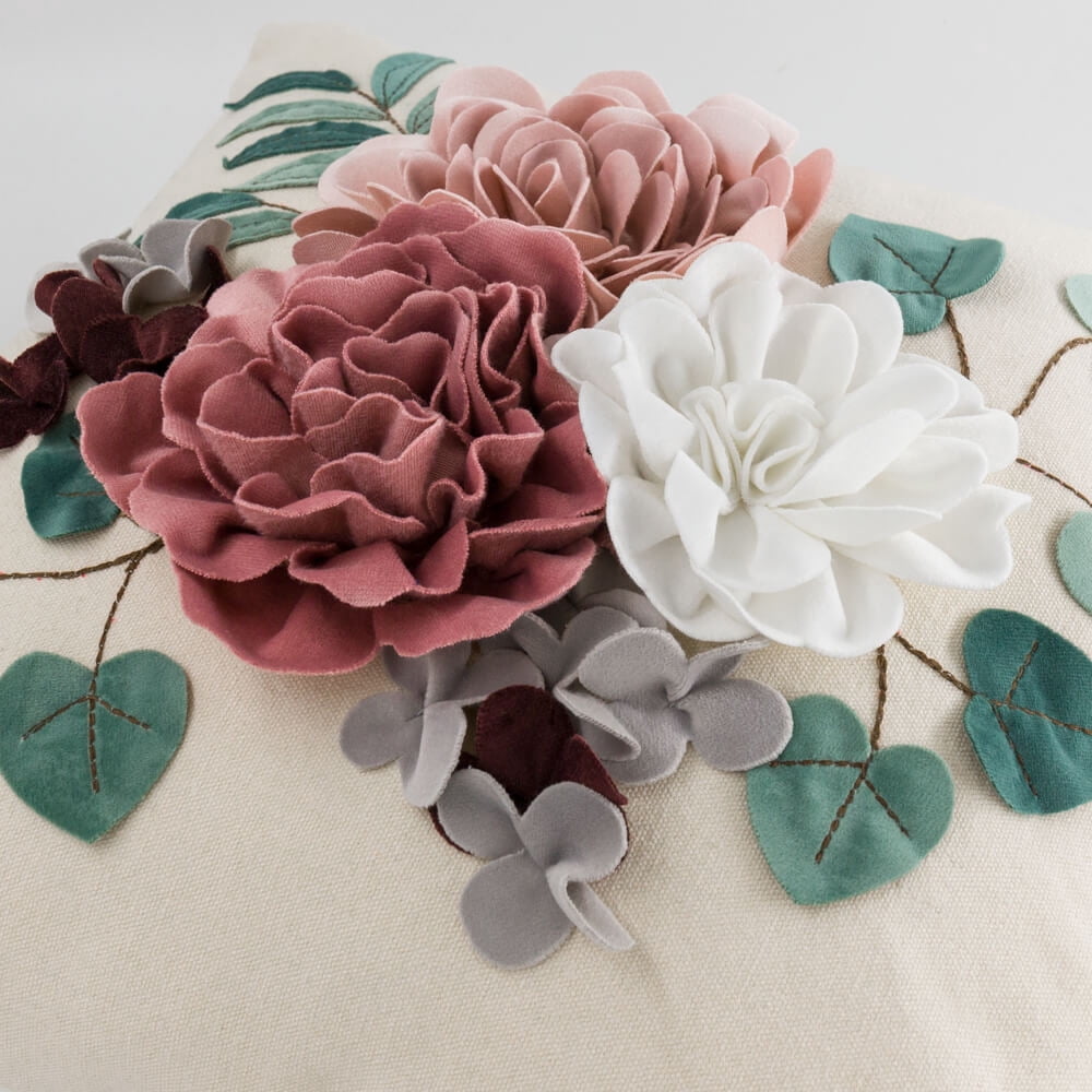 JWH Cream 3D Multi-Floral Throw Pillow Blush and White Flower Accent Cushion with Green Leaves for Couch Bedroom Decor 18x18inches