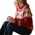 thumbnail image 2 of Christmas Winter Cold Season Sweater for Women Snowflake Pom-Poms Crewneck Holiday Knitted Sweater Fashion Clothes for Travel, 2 of 5
