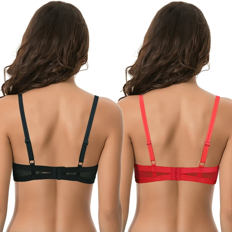 Curve Muse Women's Plus Size Push Up Add 1 Cup Underwire Perfect Shape Lace  Bra-2PK-Black,Red-42D