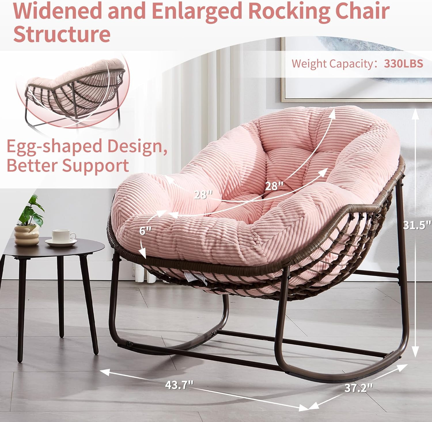 MOONMISS Outdoor Patio Rattan Oversized Rocking Chairs Set of 2 with Corduroy Padded Cushion-Pink