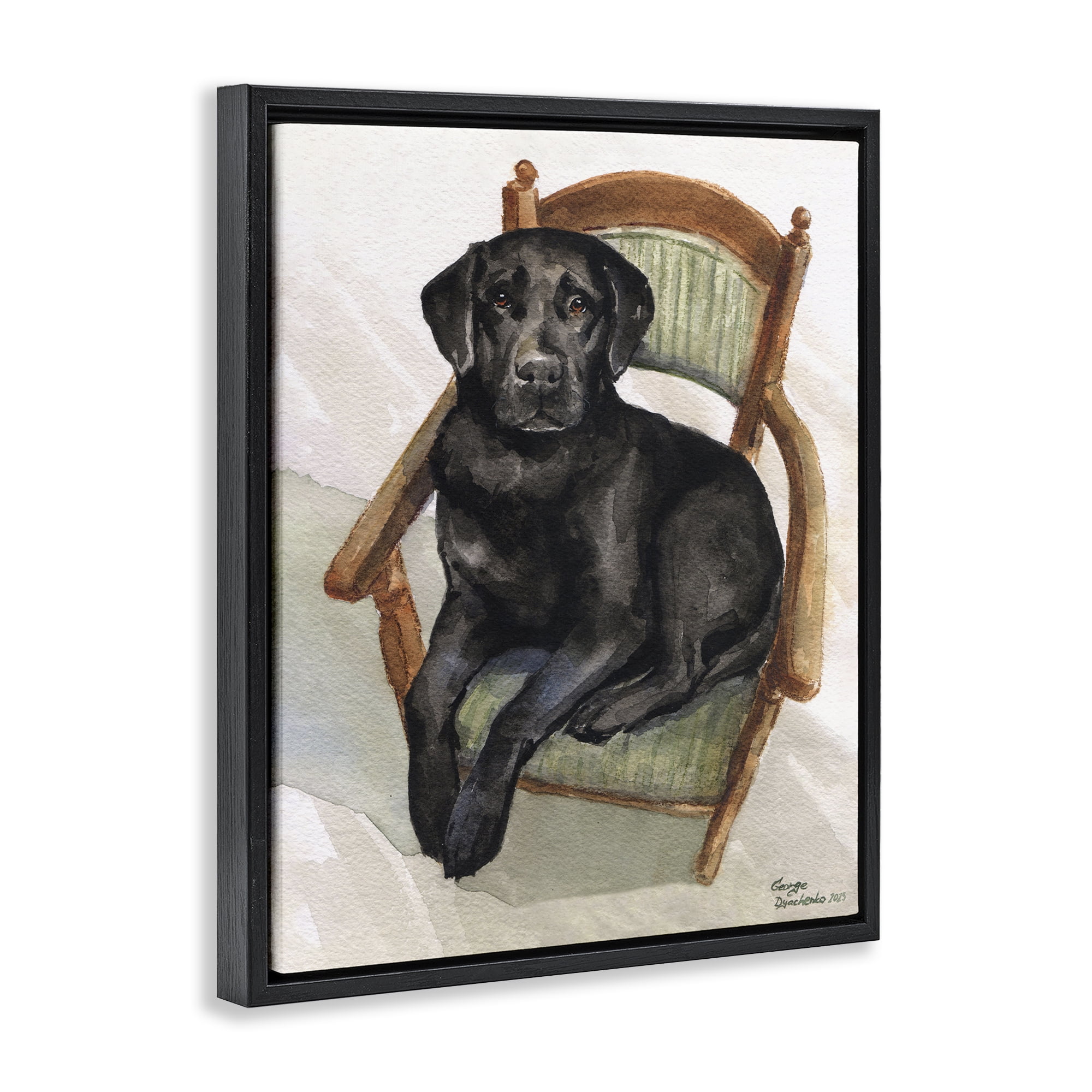 Stupell Industries Black Labrador On Chair Black Framed Floater Canvas Wall Art, design by George Dyachenko