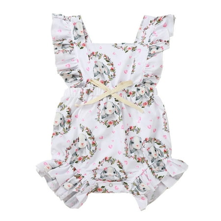 

QYZEU Clothes First Birthday Outfit Girls Toddler Girls Easter Fly Sleeve Ruffled Romper Cartoon Rabbit Prints Summer Jumpsuit