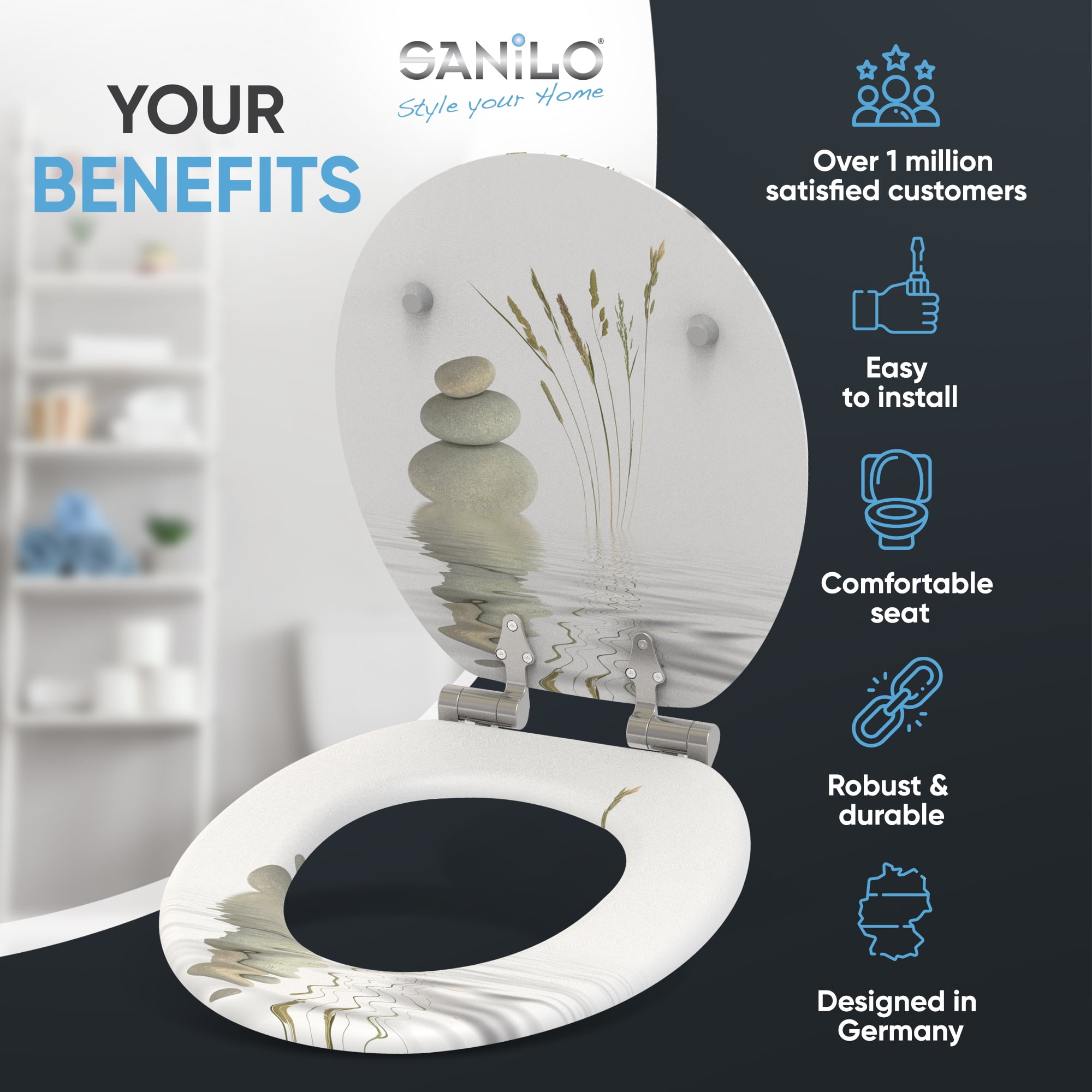 Sanilo Soft Close Toilet Seat ROUND, Quiet and Slow Close Lid and Seat, Strong Bumpers and Hinges, Balance