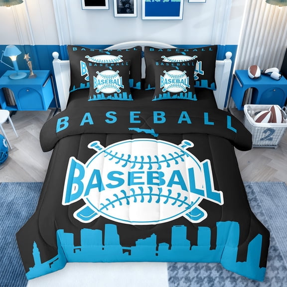 Homewish Boys Cartoon Baseball Twin Bedding Sets 7-Piece, Modern City Print Bedding Comforter Set, Black Blue Stripes Lines Reversible Sheet Sets, Microfiber Bedroom Decor