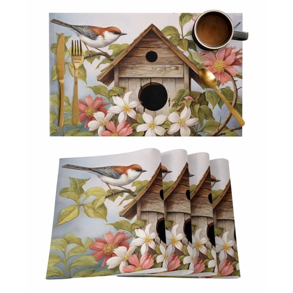 Birdhouse Vintage Placemats Set of 4, Spring Floral Birds Botanical Placemats for Dining Table, Place Mats for Kitchen Tabletop, Waterproof Wipeable Dining Table Mats Set