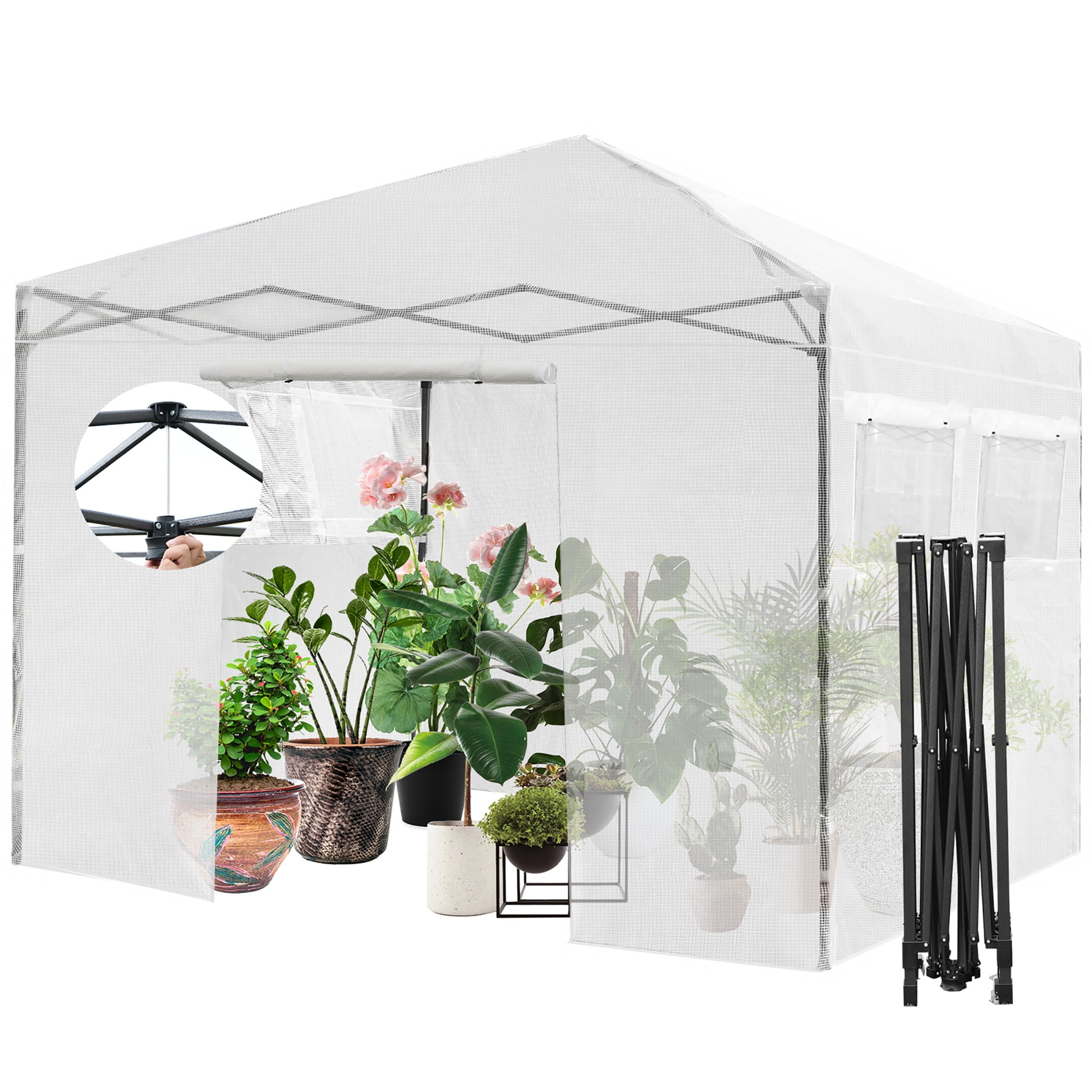 Worth Garden Pop-up Walk-in Greenhouse 10 L x 10 W x 9.7 H Portable Fast Setup for Indoor Outdoor Grow Plant Gardening Greenhouse Canopy with Front Roll-Up Zipper Entry Doors & 2 Windows 