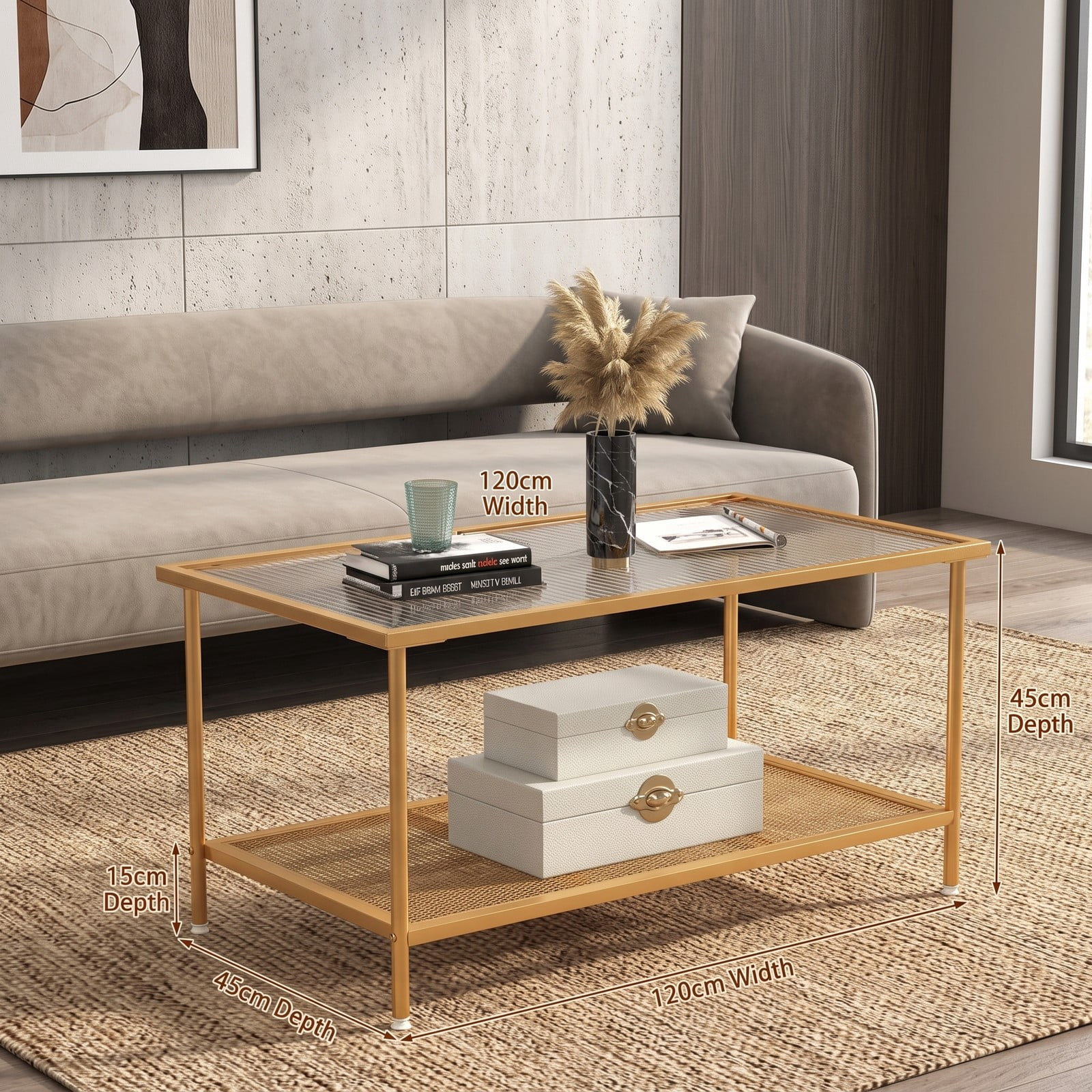 Furnibear 2-Tier Coffee Table with Tempered Glass Top and Storage Shelf, Modern Metal Frame Center Tea Table for Living Room Home Office, Golden