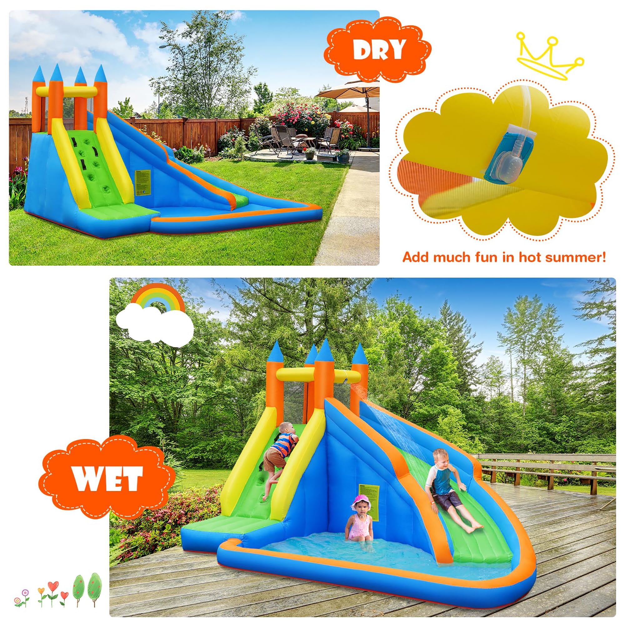 Goplus Inflatable Water Slide Mighty Bounce House Castle Moonwalk Splash Pool with 735W Blower