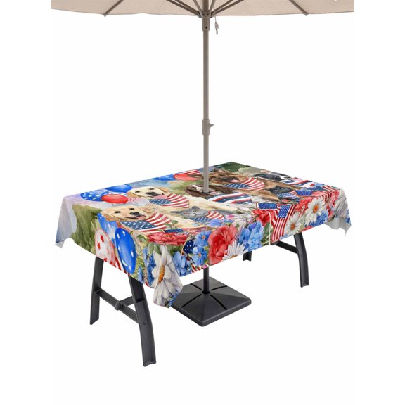 Outdoor Tablecloth with Umbrella Hole for Patio/Picnic/Party/Camping, American Flag Waterproof Table Cloth Rectangle Table Cover Washable, Forest Funny Dogs Red Blue Independence Day (60"x 84")