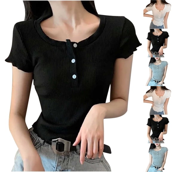 Hfnxid Women Y2K Short Sleeve Tshirts Button Up Crop Tshirt Tops Slim Fit Scoop Neck Henley T-Shirt Cute Blouse