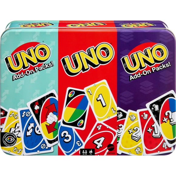 Juego de cartas Mattel Games UNO Core y UNO, paquetes complementarios en lata