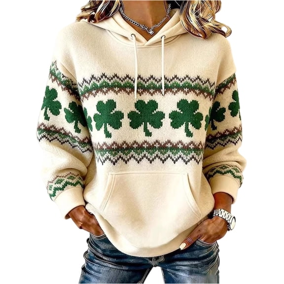 St Patricks Day Hoodie Women Clover Fair Isle Graphic Pullover Hoodie Holiday Hooded Sweatshirts with Pockets Fluorescent Green S