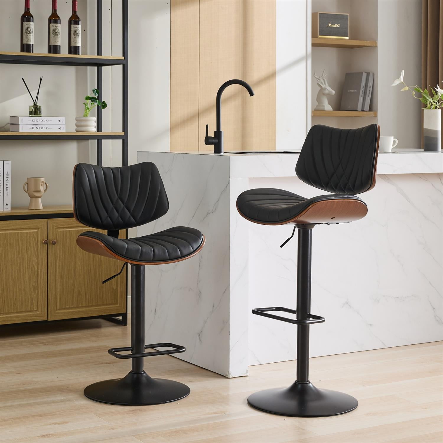 Demi Bonn 46" Adjustable Counter Height Walnut Bentwood Bar Stool Set of 2 with 360° Swivel, Black Leather Upholstery for Kitchen, Dining Room, Black