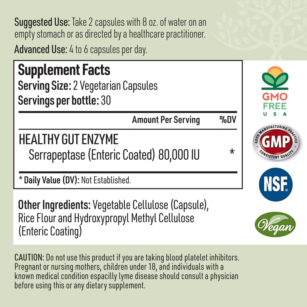 Serrapeptase Pure Digestive Enzymes (Enteric Coated) – Premium Healthy Gut Protection & Liver Support – Non-GMO, Vegan Liver Supplement for Gut Health. Digestive Enzymes & Tissue Support (60 Caps)