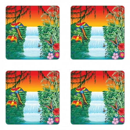 

Exotic Coaster Set of 4 Landscape of Tropic Botany Parrots Waterfall at Ombre Sunset Scenery Square Hardboard Gloss Coasters Standard Size Lime Green and Multicolor by Ambesonne