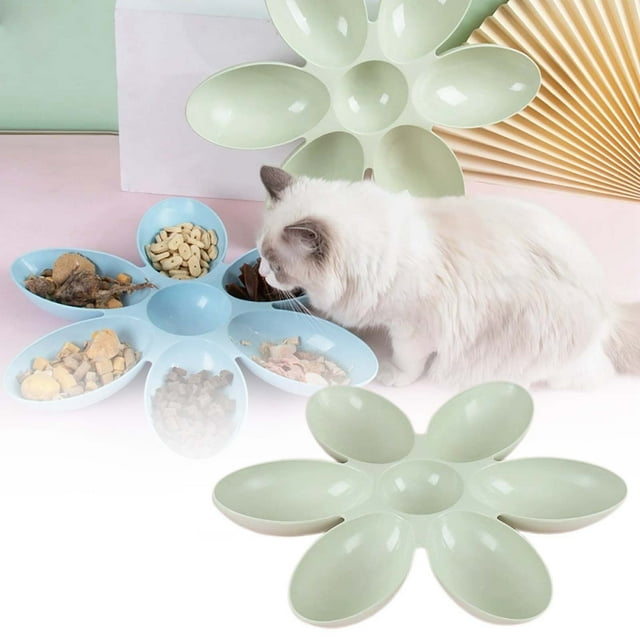 Flower Petal Cat Bowl, Multi-Compartment Plastic Dish, Separates Food & Water, Durable Lightweight, Stylish Functional for Cats & Small Pets