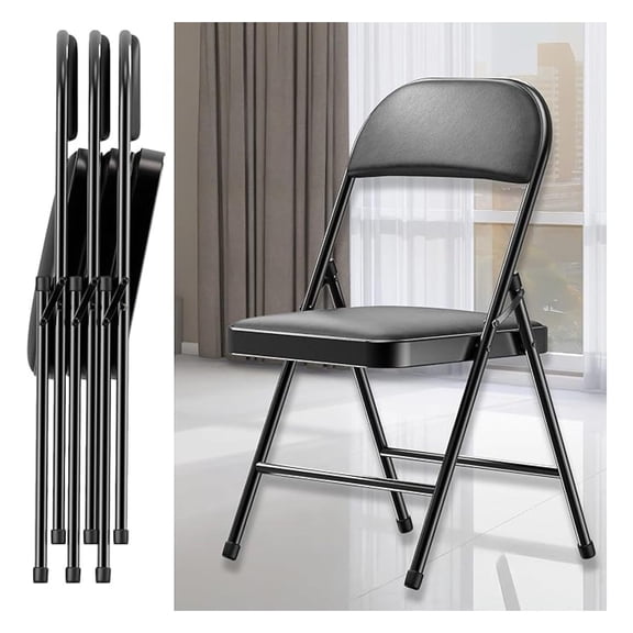 4 Pack Black Padded Folding Chairs with Cushioned Seat & Backrest – Comfortable PU Leather, Heavy-Duty Steel Frame, Non-Slip Feet, Pre-Assembled Metal Chairs for Home, Office, Indoor/Outdoor