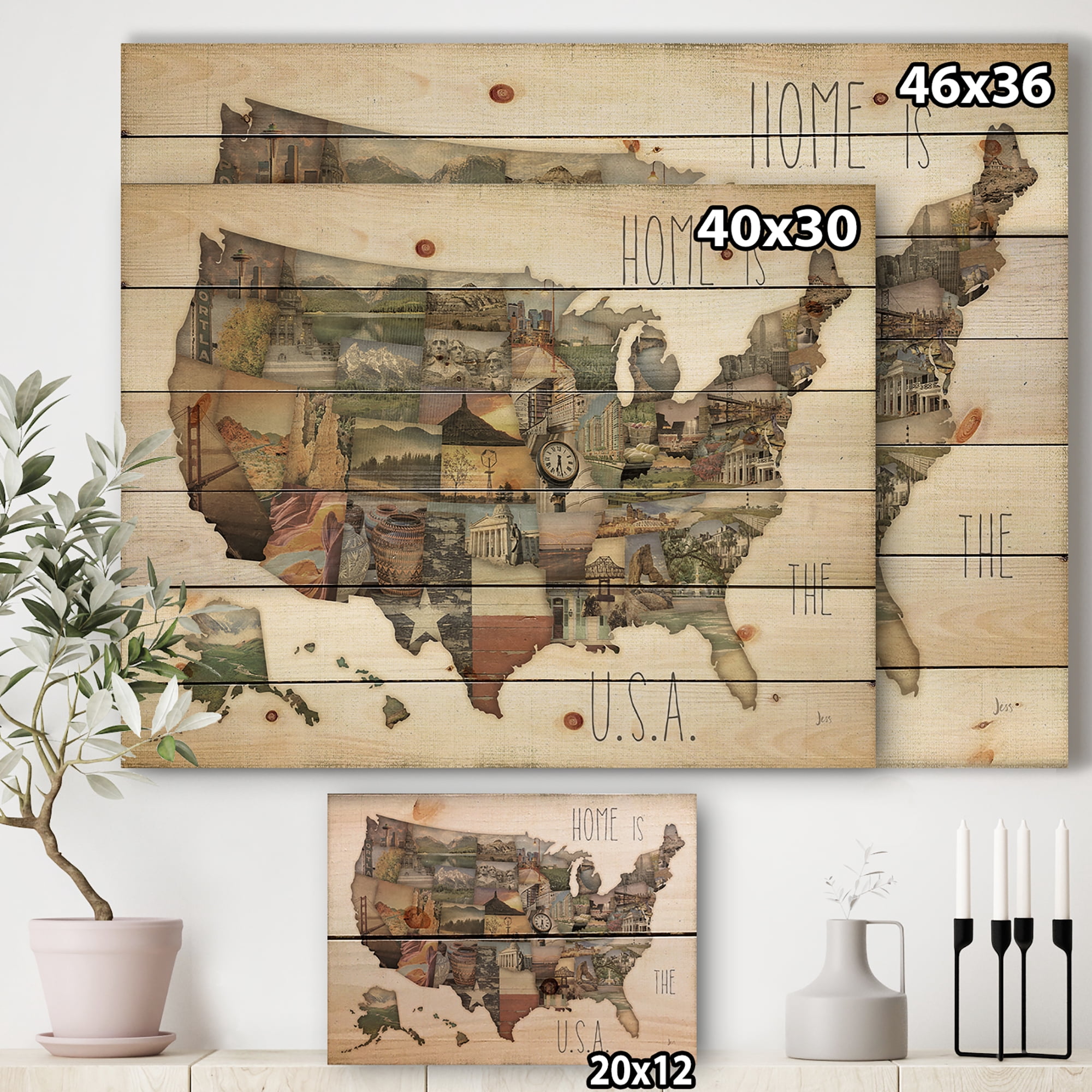 Designart 'InstaStates Monuments Map' Map Print on Natural Pine Wood