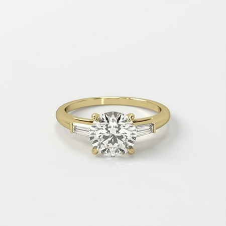 1.5 Carat Round Moissanite Three Stone Engagement Ring with Baguette Side Stones 14k Yellow Gold Plated Wedding Ring for Women