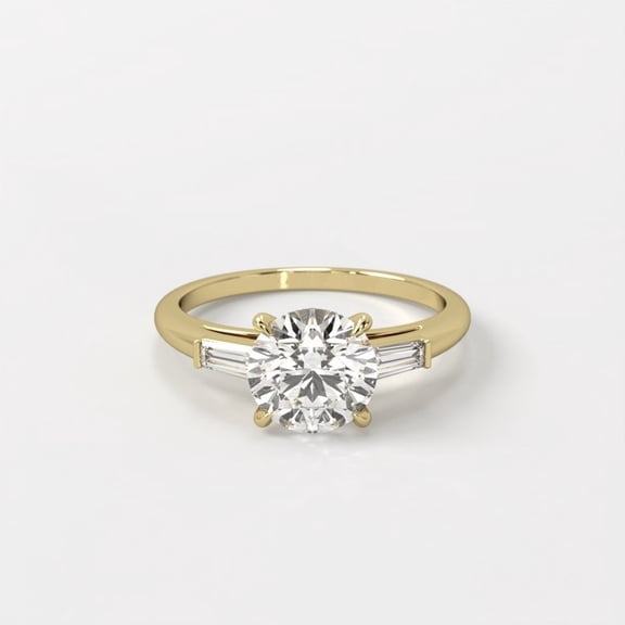 1.5 Carat Round Cut Moissanite Engagement Ring with Baguette Side Stones 10k Yellow Gold 3 Stone Wedding Ring for Women