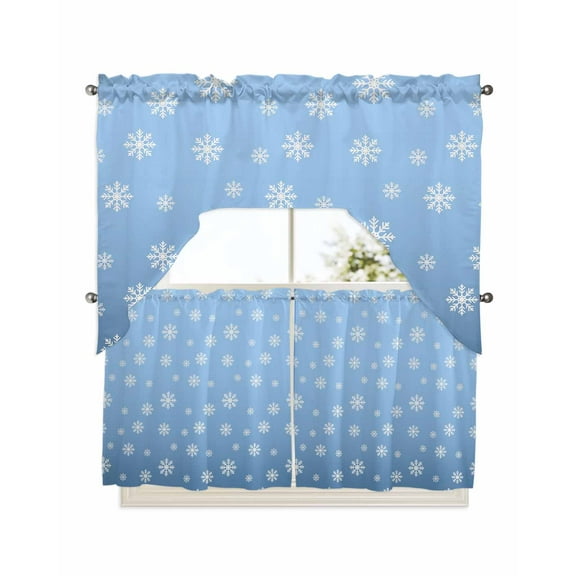 Christmas Blue Kitchen Curtains Swag Valance and Tier Curtains Set 24 Inch Length, Xmas Snowflakes Winter Holiday Minimalist Rod Pocket Drape Panels Pair Swag Curtains for Bathroom/Cafe/Window