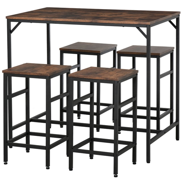 Industrial 5-Piece Bar Table Set with 4 Stools - Rustic Brown Dining Set for Kitchen, Dinette & Living Room - Space-Saving Design, 39.4" x 23.6"