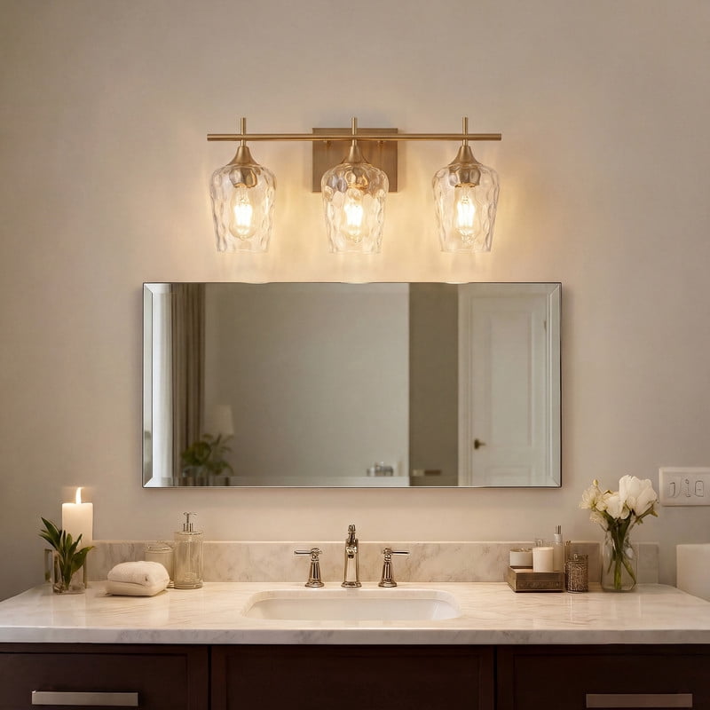 3-Light Gold Vanity Light, 20.87 Inch Bathroom Light Fixture with Hammered Glass Shadesm Modern Wall Sconce for Vanity, Powder Room & Bedroom