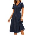 thumbnail image 3 of XUNKUSGA Womens Summer Dresses Classic Polka Dot V-Neck Short Sleeve Women's Dresses Fashion Slim Fit Button Down A Line Dresses for Women Floral Print Knee-Length Dress S-2XL Blue, 3 of 8