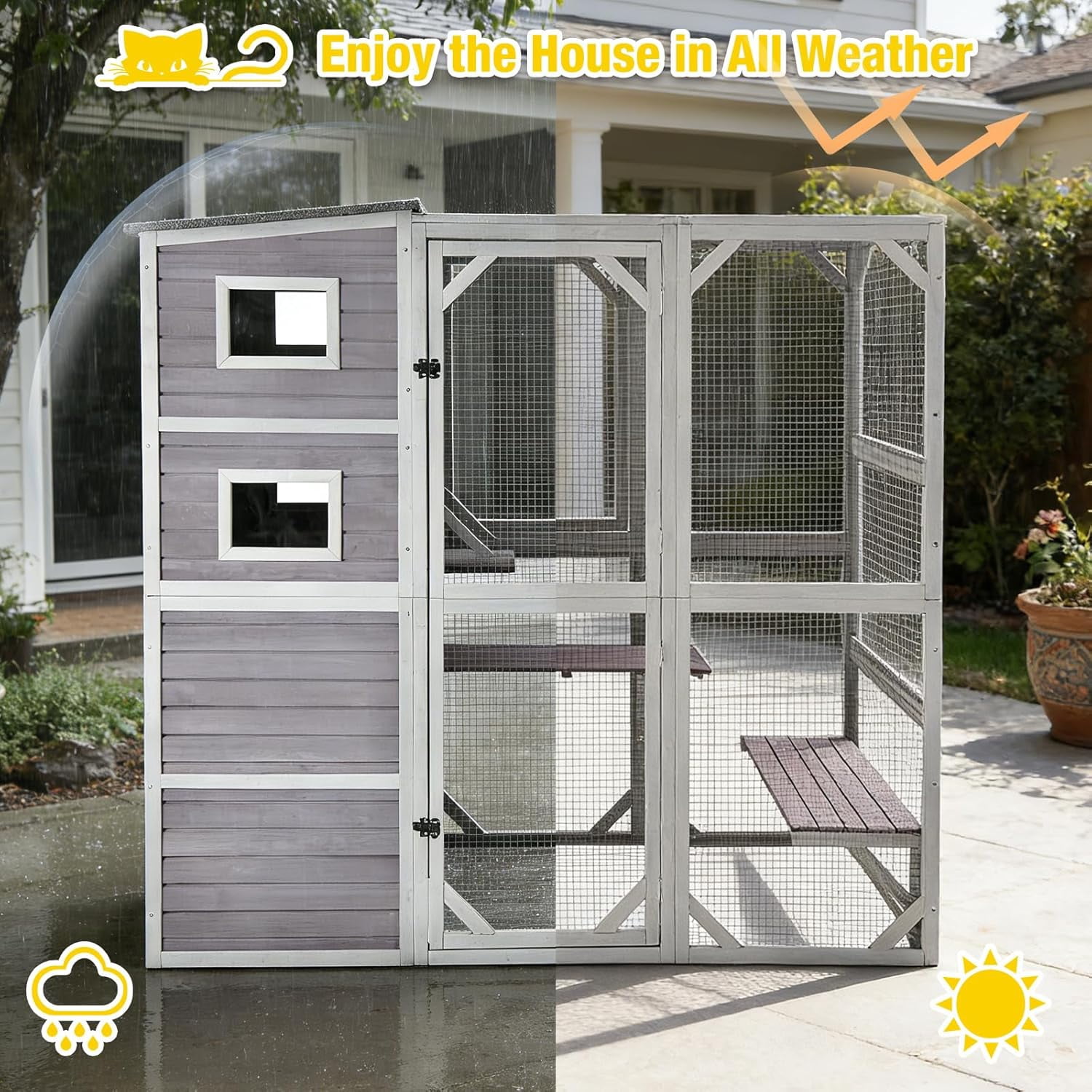 Aivituvin 70" Tall Catio Outdoor Cat Enclosure, Large Wooden Cat House with Waterproof Roof & 3-Tier Platforms, Walk-in Outside Cat Patio with Connectable Window Door for Multiple Cats (Grey)