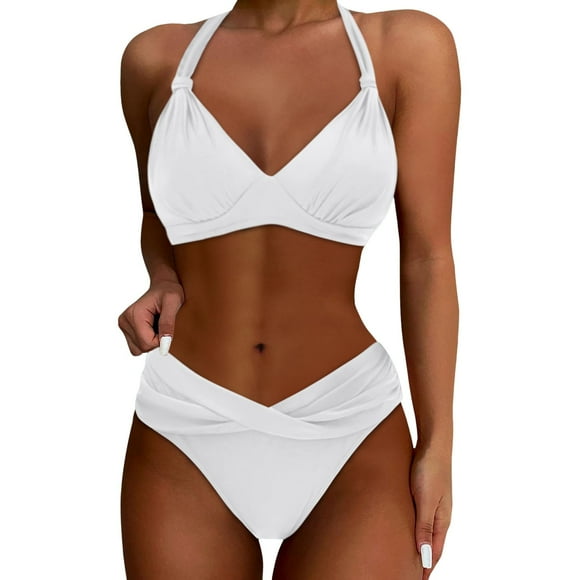 LUOGENLI Womens Swimsuit Set Women 2 Piece Bathing Suits Push up Bikini Set Swimsuit Vintage Swimwear White Size L