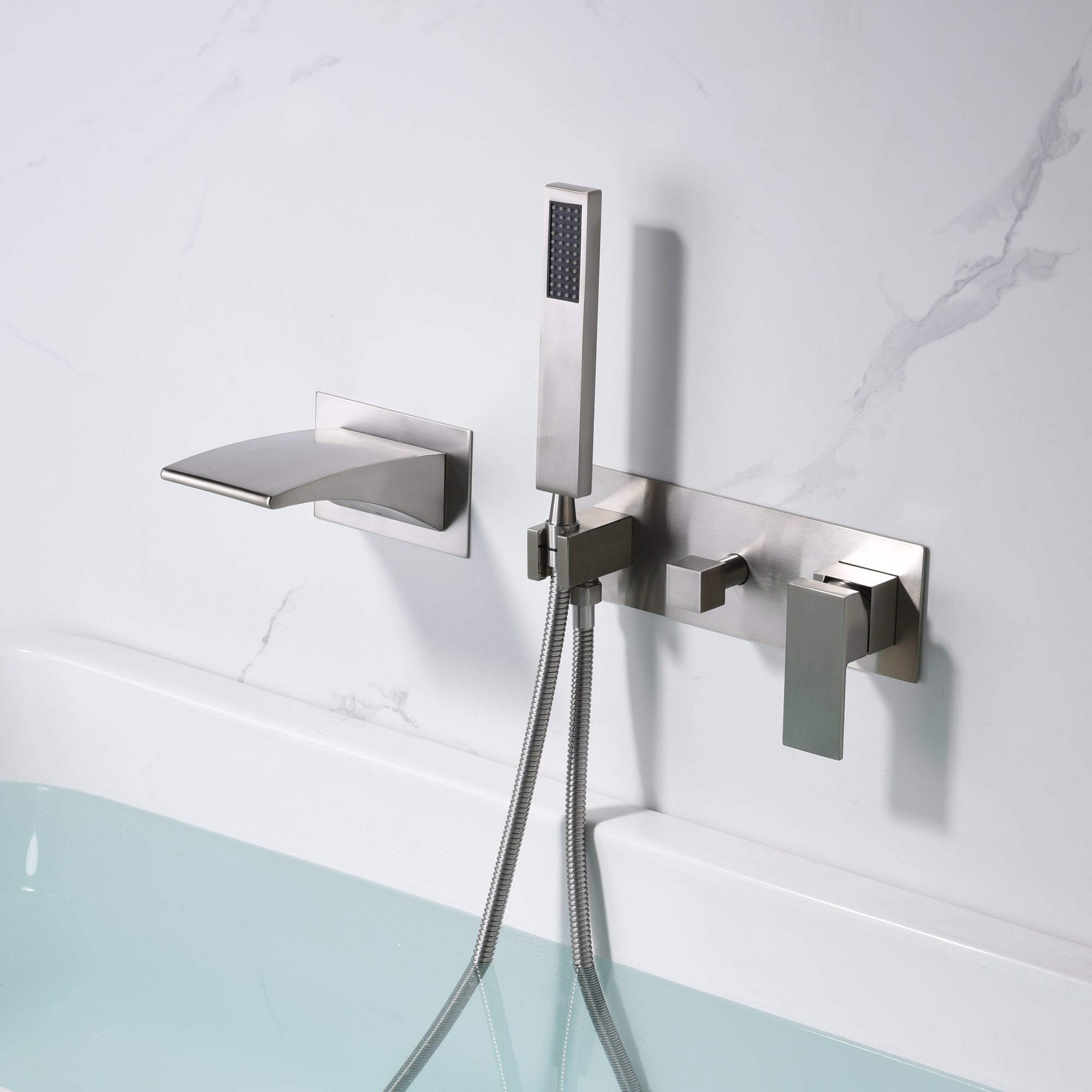 Sumerain Wall Mount Tub Filler Brushed Nickel with Waterfall Tub Spout and Handheld Shower, High Flow
