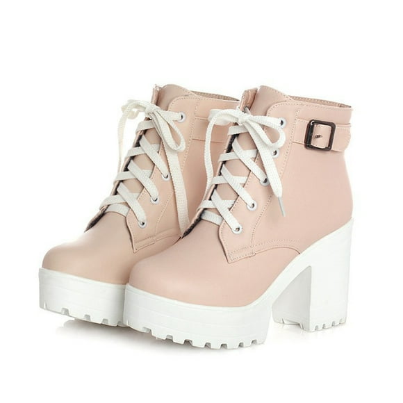 EGNMCR Ankle Boots for Women Large Warm Short Plush Solid Concise Thick Sole High Heel Lace Up Belt Buckle Thick High Heeled Short Boots