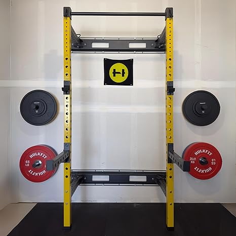 HulkFit Pro Series 2.35 x 2.35 Steel Folding Wall Mounted Power Rack Cage with Attachment Accessories J Hooks and Height Adjustable Pull Up Bar