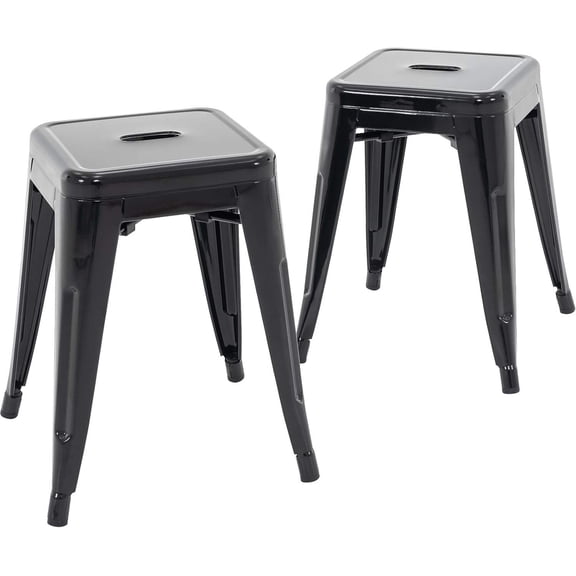 18 Inch Industrial Metal Stools Set of 2, Backless Stackable Dining Chairs for Indoor or Outdoor Use (Black)