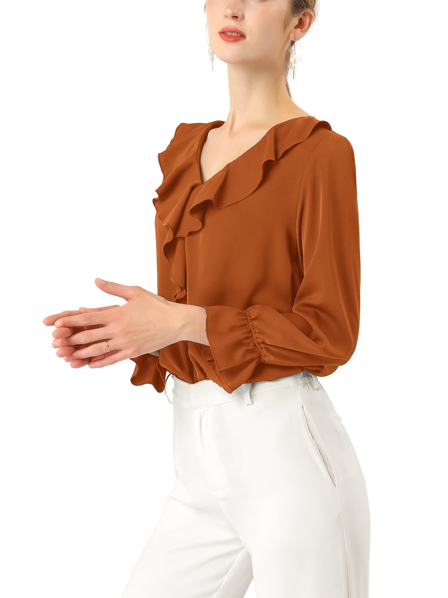 DARING DIVA Women's Ruffle V Neck Chiffon Peasant Blouse M Brown