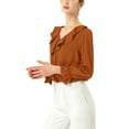 thumbnail image 4 of Unique Bargains Women's Ruffle V Neck Chiffon Work Office Peasant Blouse S Brown, 4 of 6