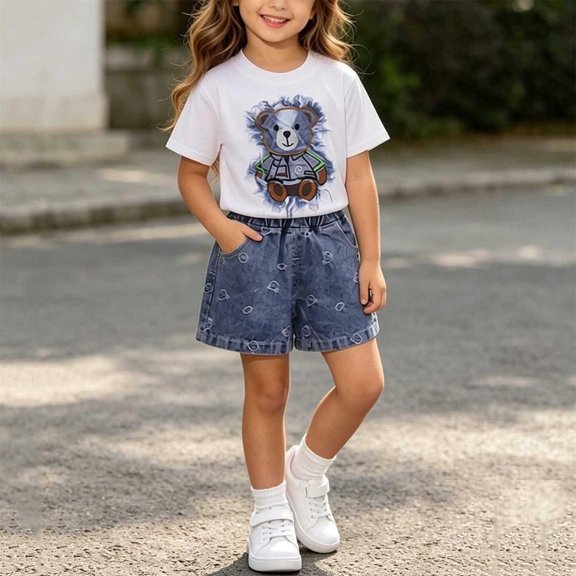 SGFCWSX Girls 2 Piece Outfits Summer Graphic Short Sleeve T Shirt Elastic Waist Denim Shorts Set for Kids White Size 2T